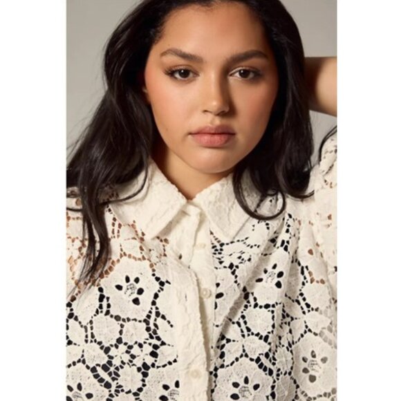 NWT-Anthropologie-Maeve-Cutout Lace Short Sleeve Shirt - White - XL - Picture 10 of 11